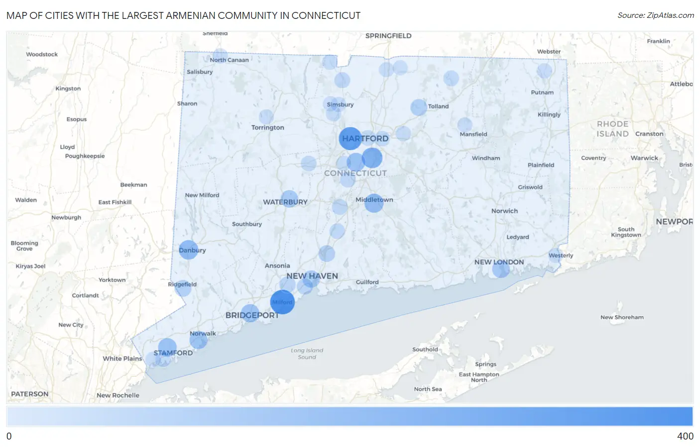 Cities with the Largest Armenian Community in Connecticut Map