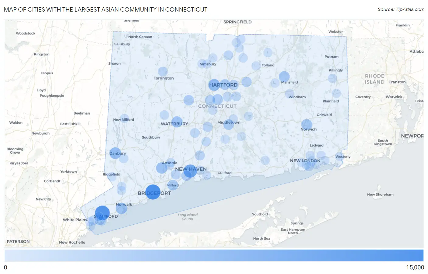 Cities with the Largest Asian Community in Connecticut Map