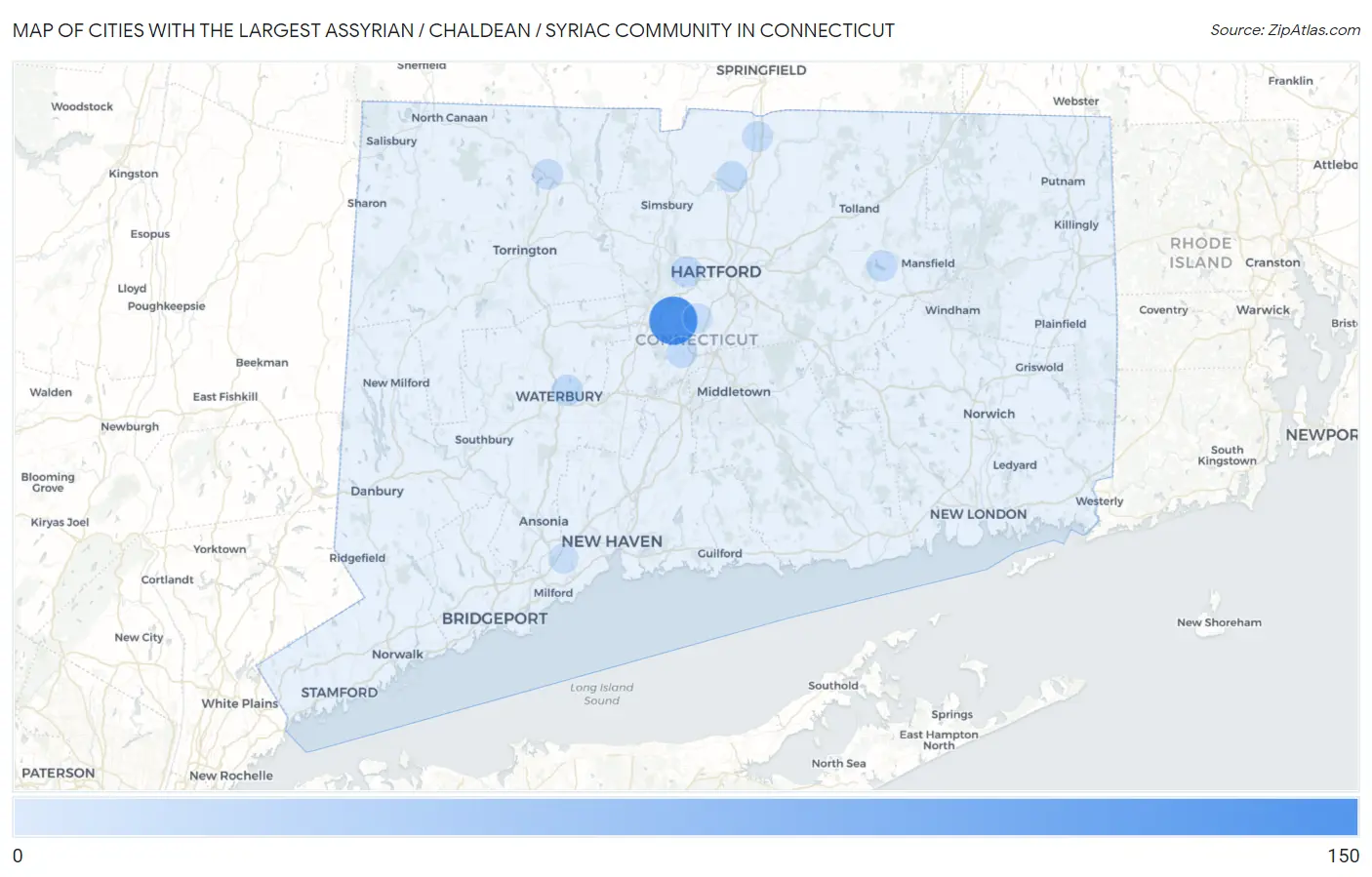 Cities with the Largest Assyrian / Chaldean / Syriac Community in Connecticut Map