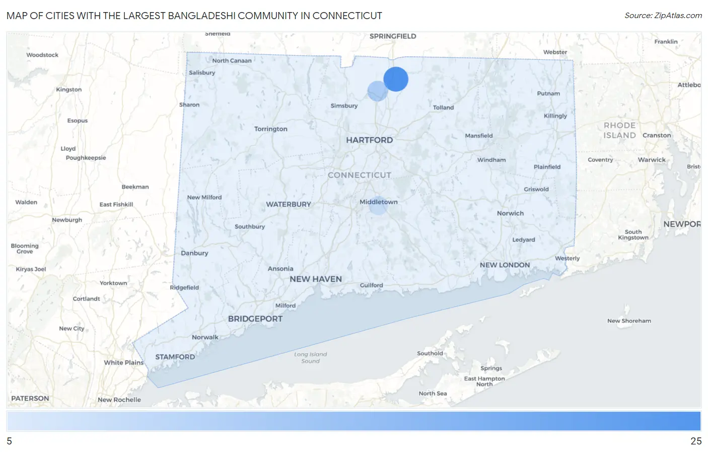 Cities with the Largest Bangladeshi Community in Connecticut Map