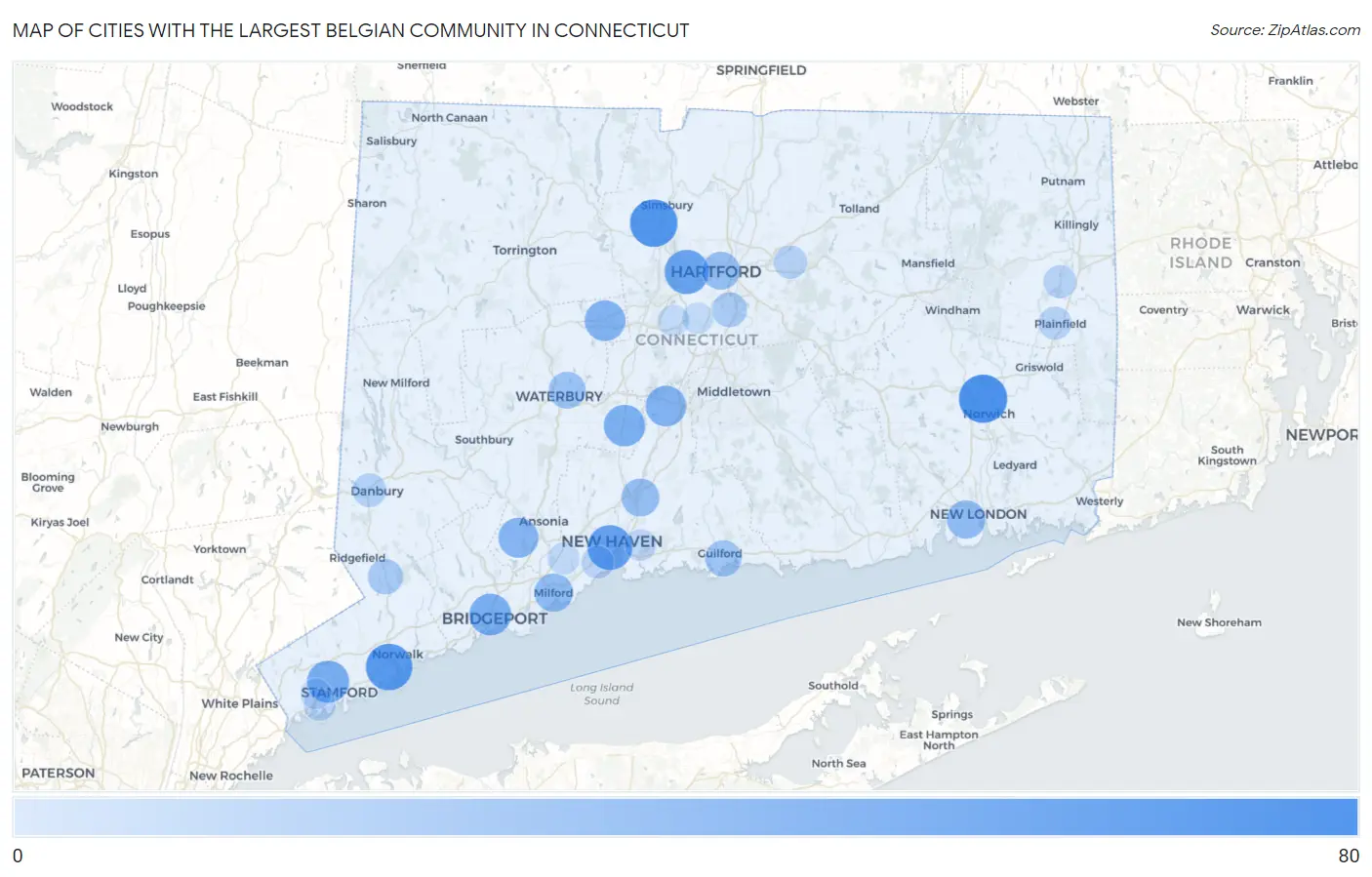 Cities with the Largest Belgian Community in Connecticut Map