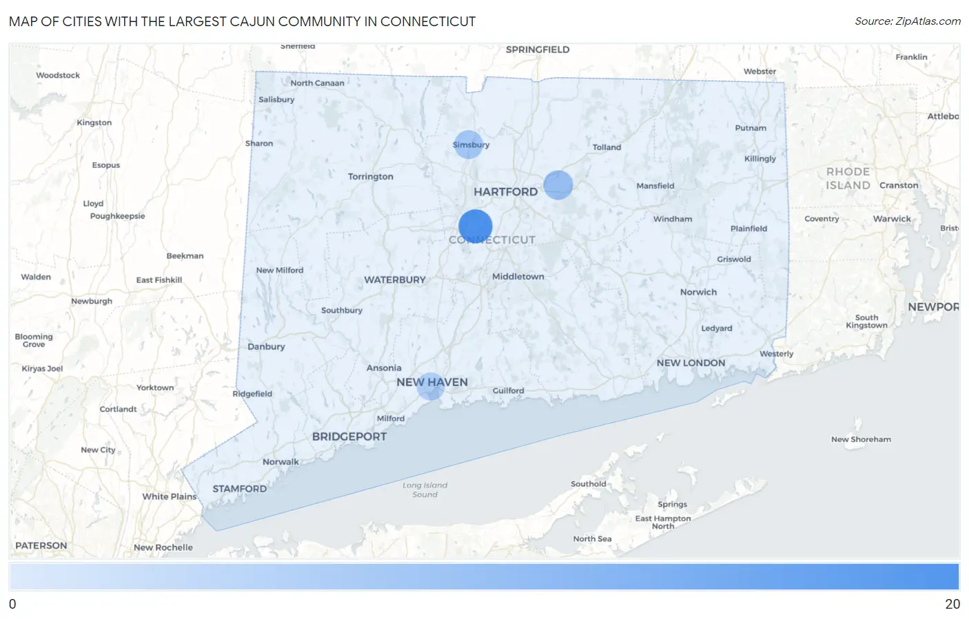 Cities with the Largest Cajun Community in Connecticut Map