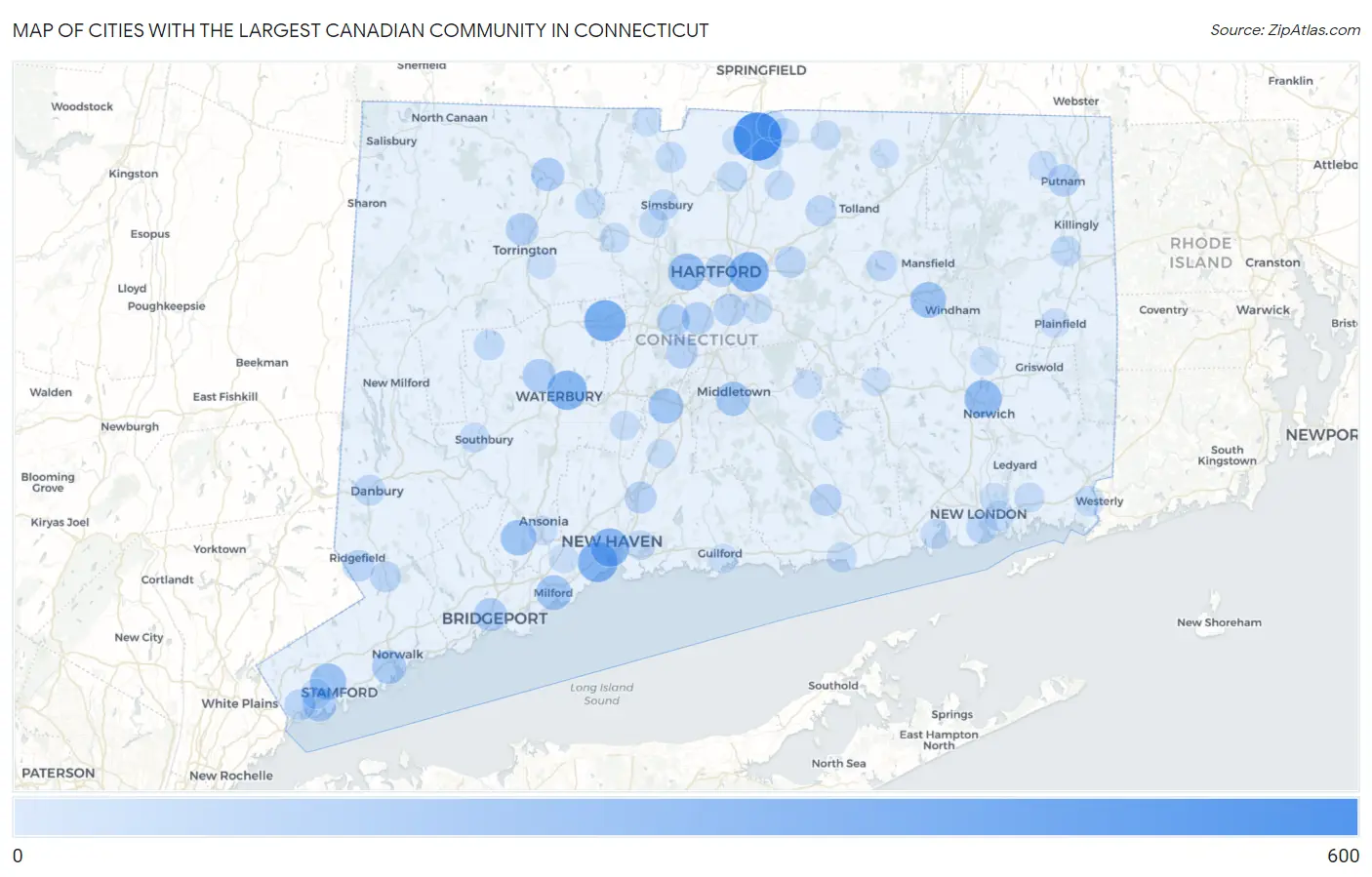 Cities with the Largest Canadian Community in Connecticut Map
