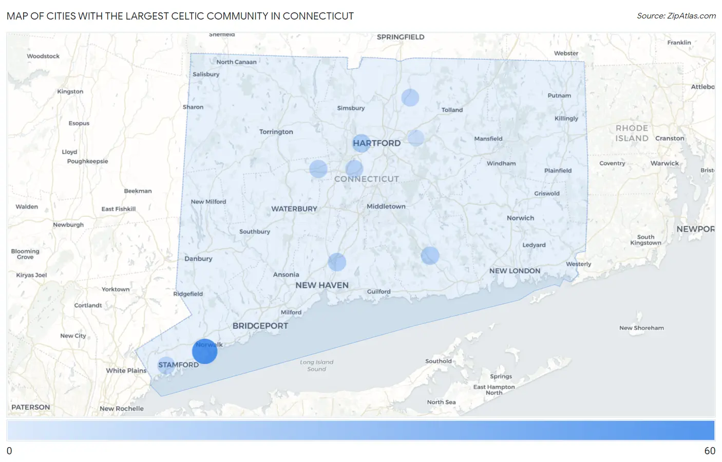 Cities with the Largest Celtic Community in Connecticut Map