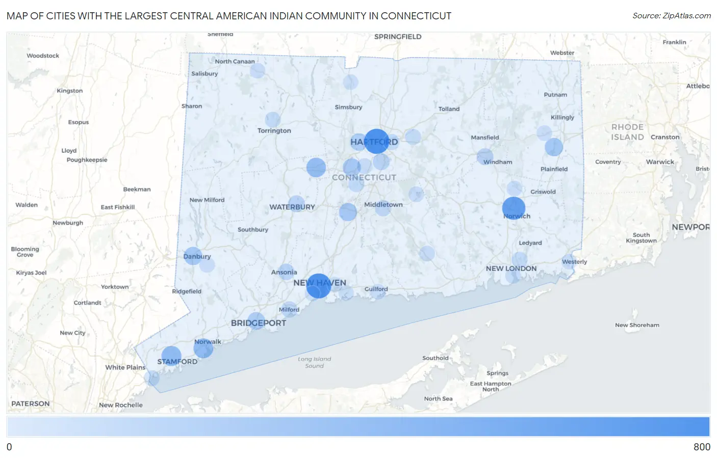 Cities with the Largest Central American Indian Community in Connecticut Map