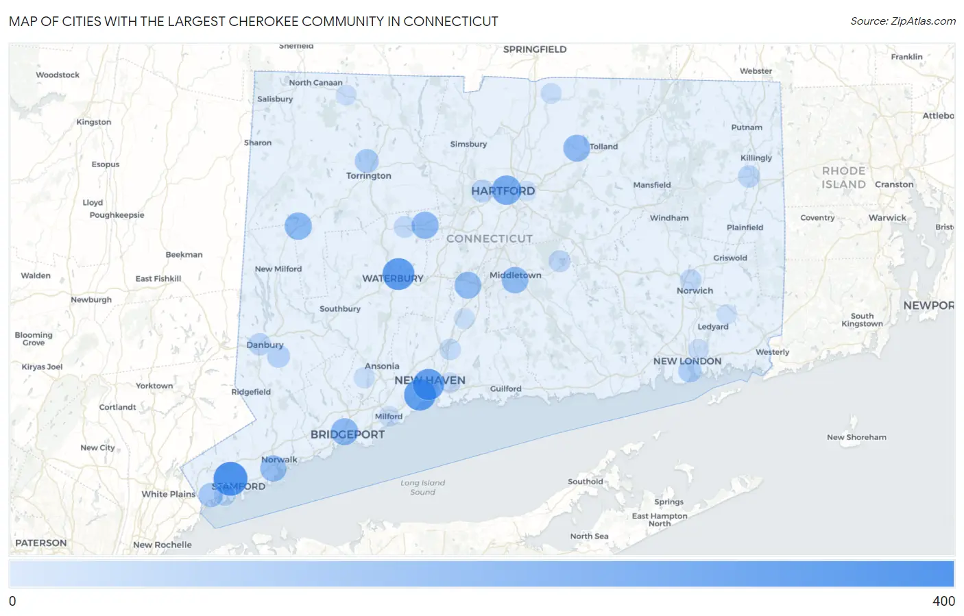Cities with the Largest Cherokee Community in Connecticut Map