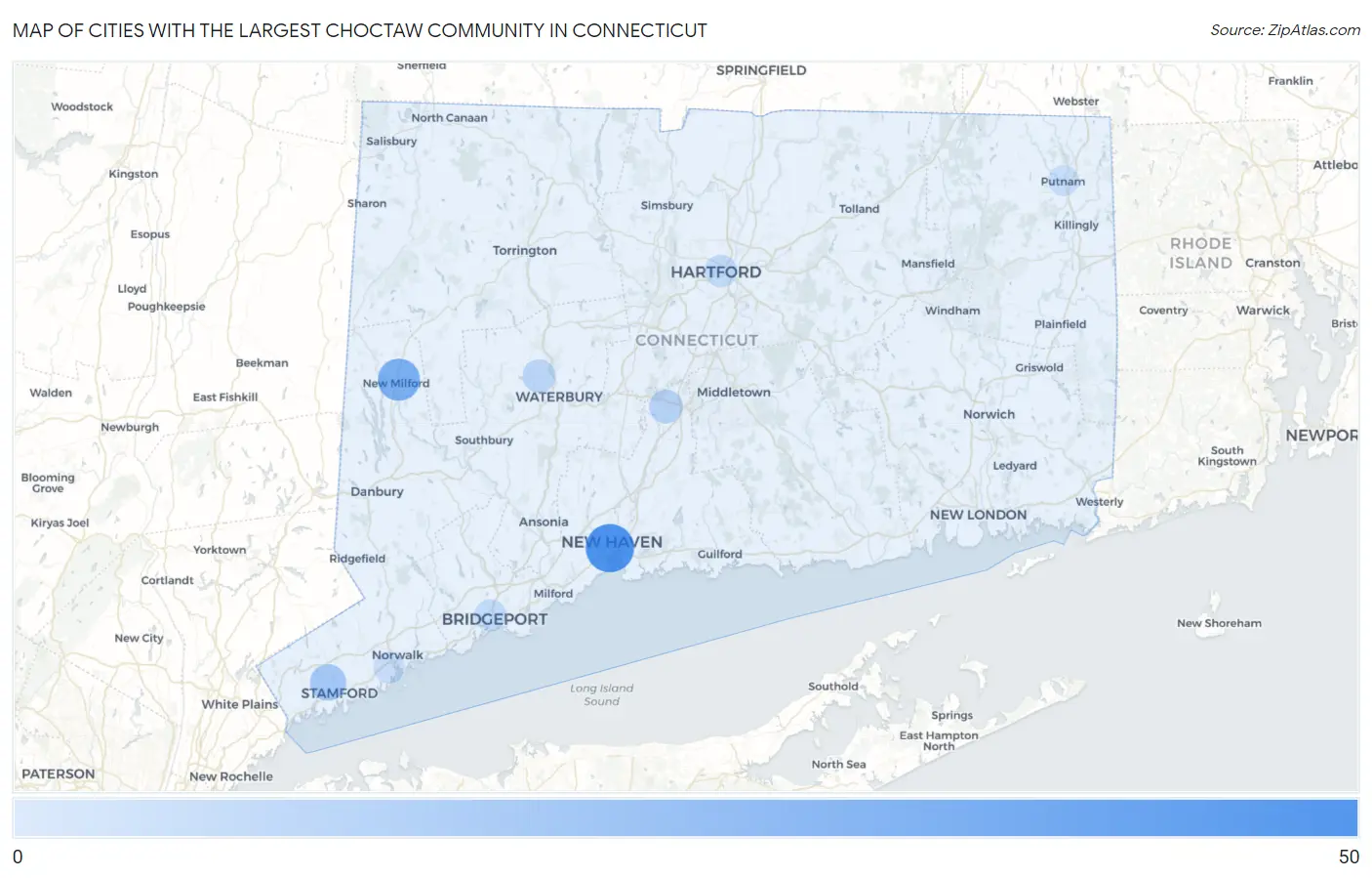 Cities with the Largest Choctaw Community in Connecticut Map