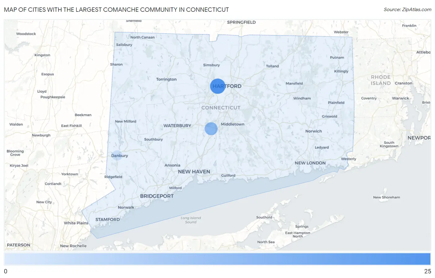 Cities with the Largest Comanche Community in Connecticut Map