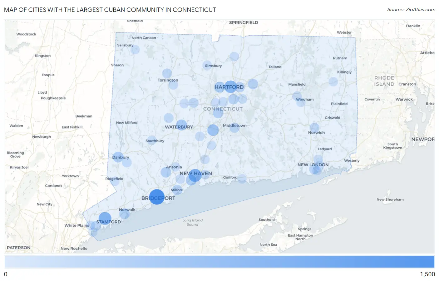 Cities with the Largest Cuban Community in Connecticut Map