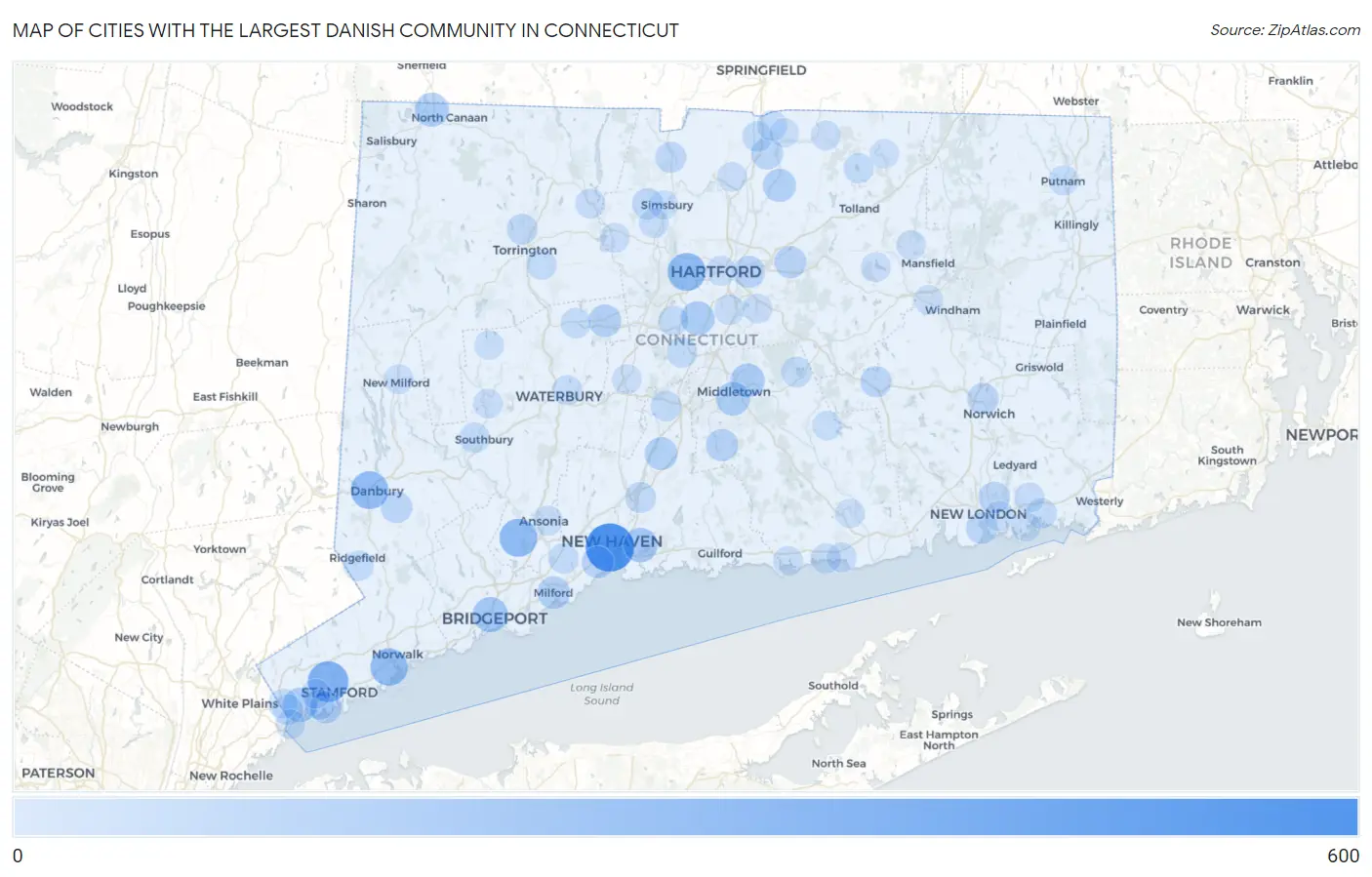 Cities with the Largest Danish Community in Connecticut Map