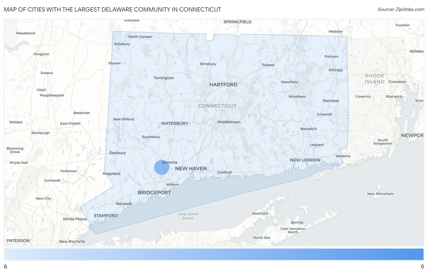 Cities with the Largest Delaware Community in Connecticut Map