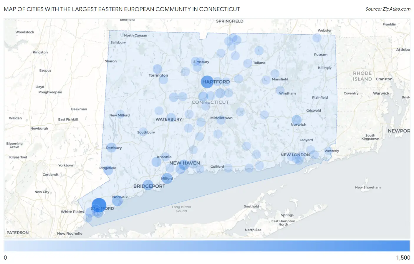 Cities with the Largest Eastern European Community in Connecticut Map
