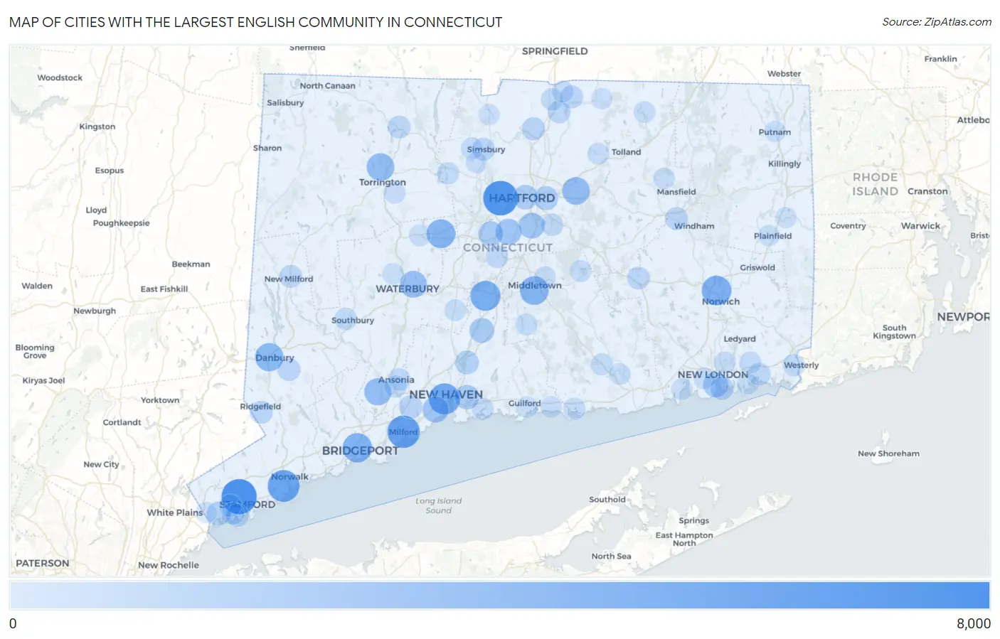 Cities with the Largest English Community in Connecticut Map