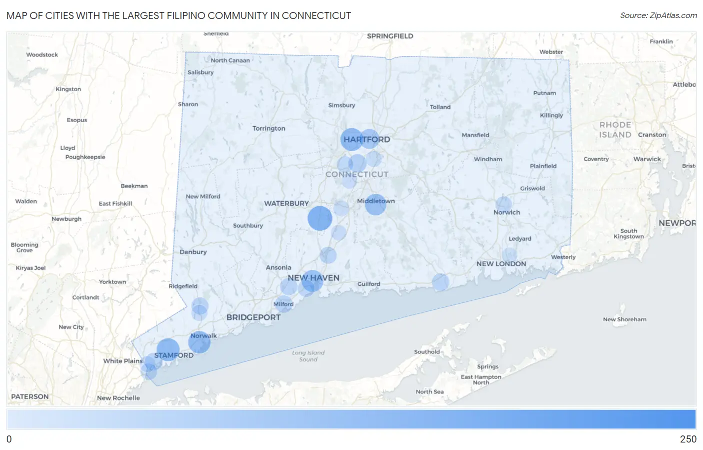 Cities with the Largest Filipino Community in Connecticut Map