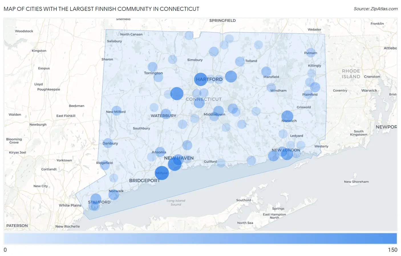 Cities with the Largest Finnish Community in Connecticut Map