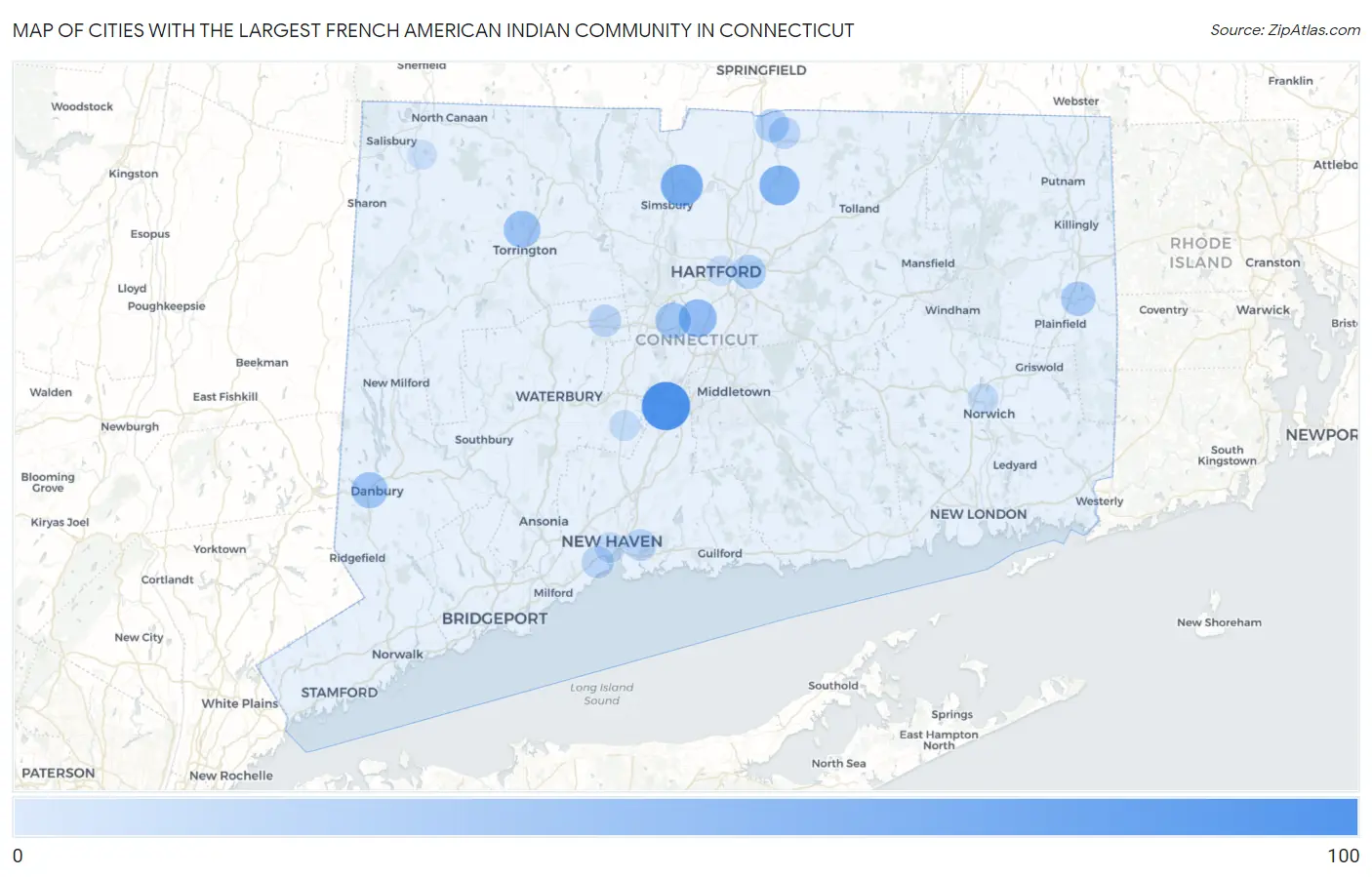 Cities with the Largest French American Indian Community in Connecticut Map