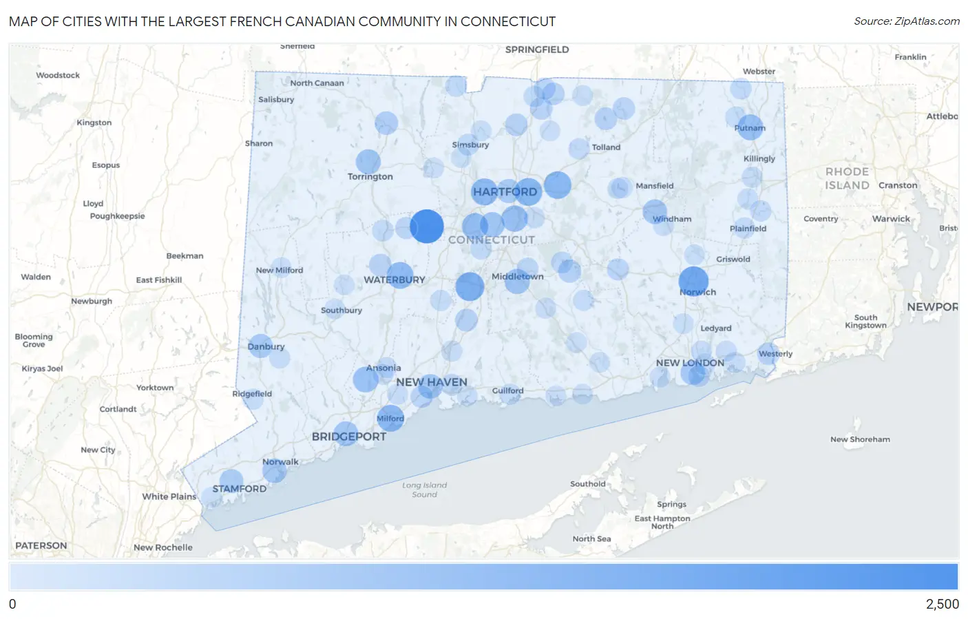 Cities with the Largest French Canadian Community in Connecticut Map