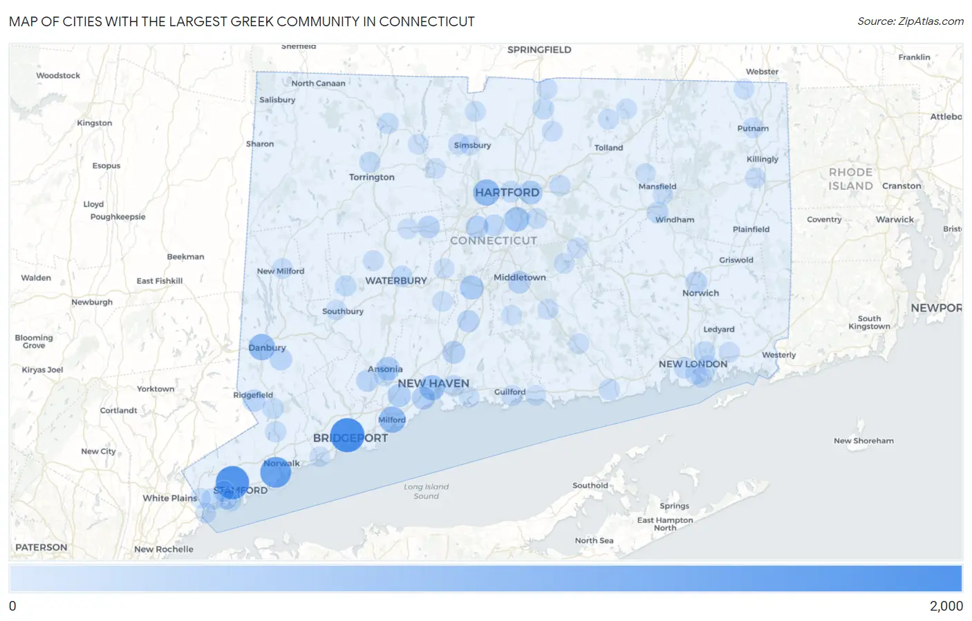 Cities with the Largest Greek Community in Connecticut Map