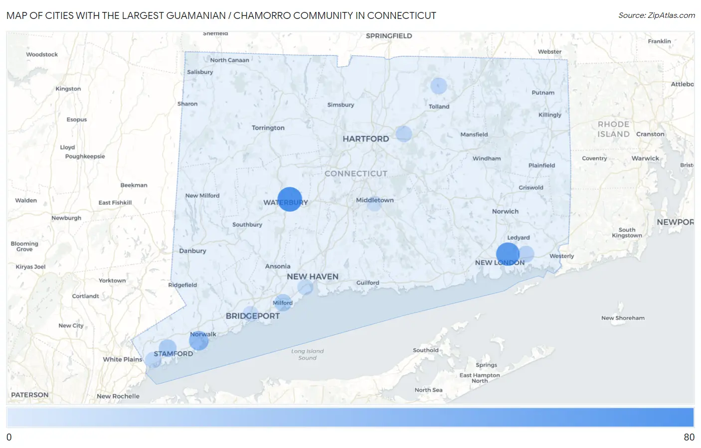 Cities with the Largest Guamanian / Chamorro Community in Connecticut Map