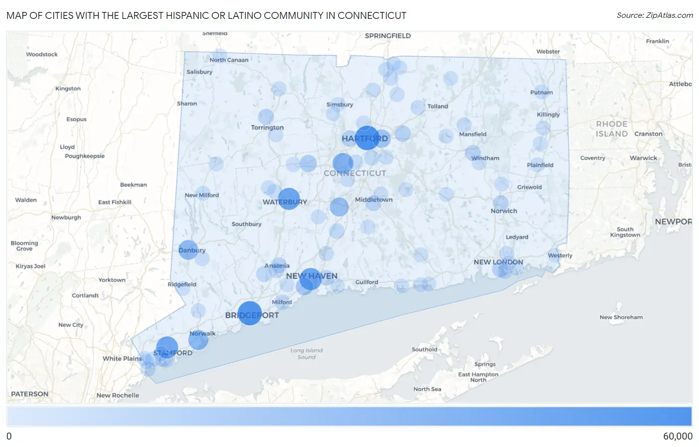 Cities with the Largest Hispanic or Latino Community in Connecticut Map