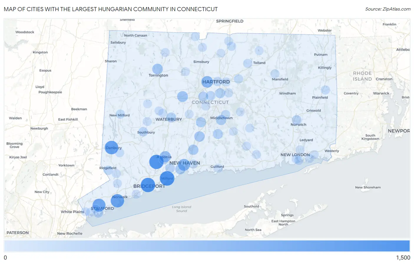 Cities with the Largest Hungarian Community in Connecticut Map