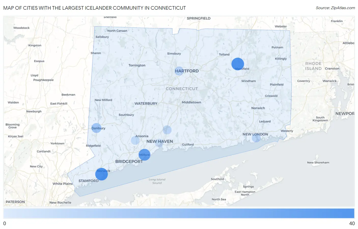 Cities with the Largest Icelander Community in Connecticut Map
