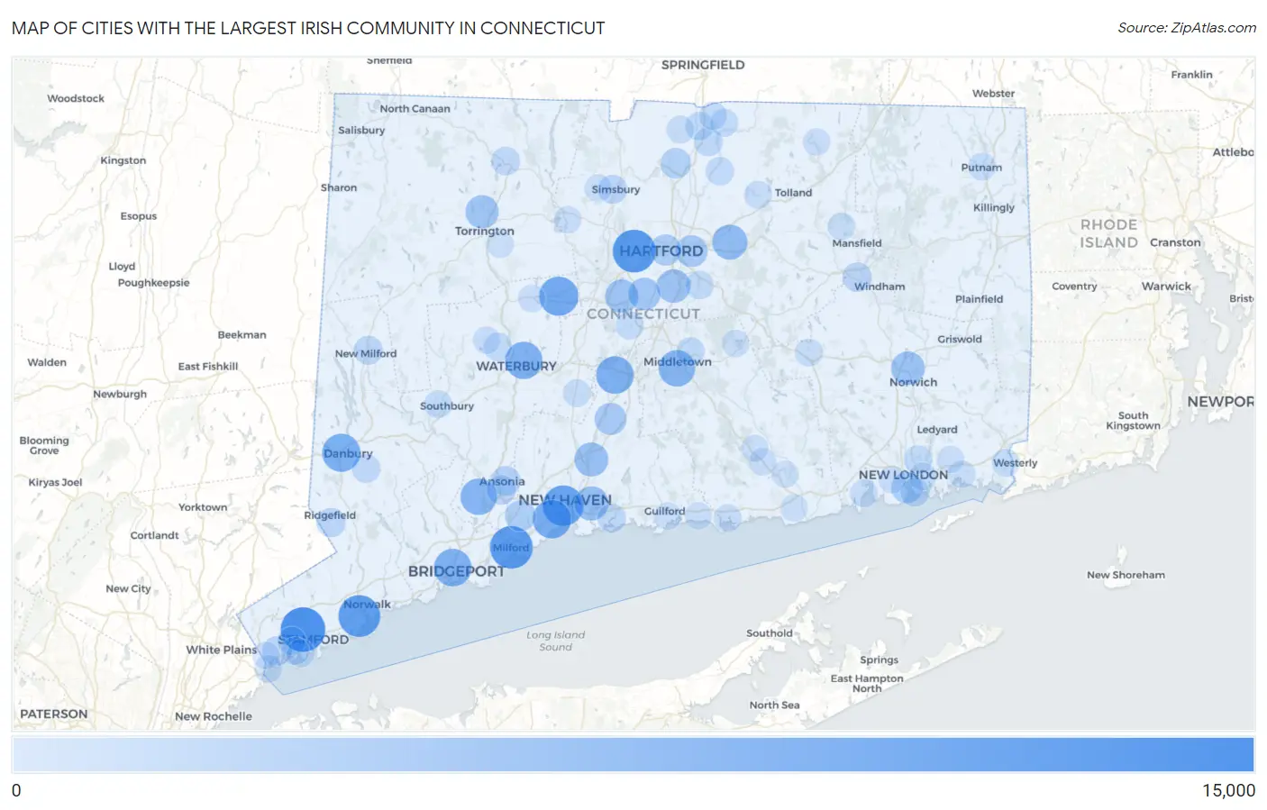 Cities with the Largest Irish Community in Connecticut Map