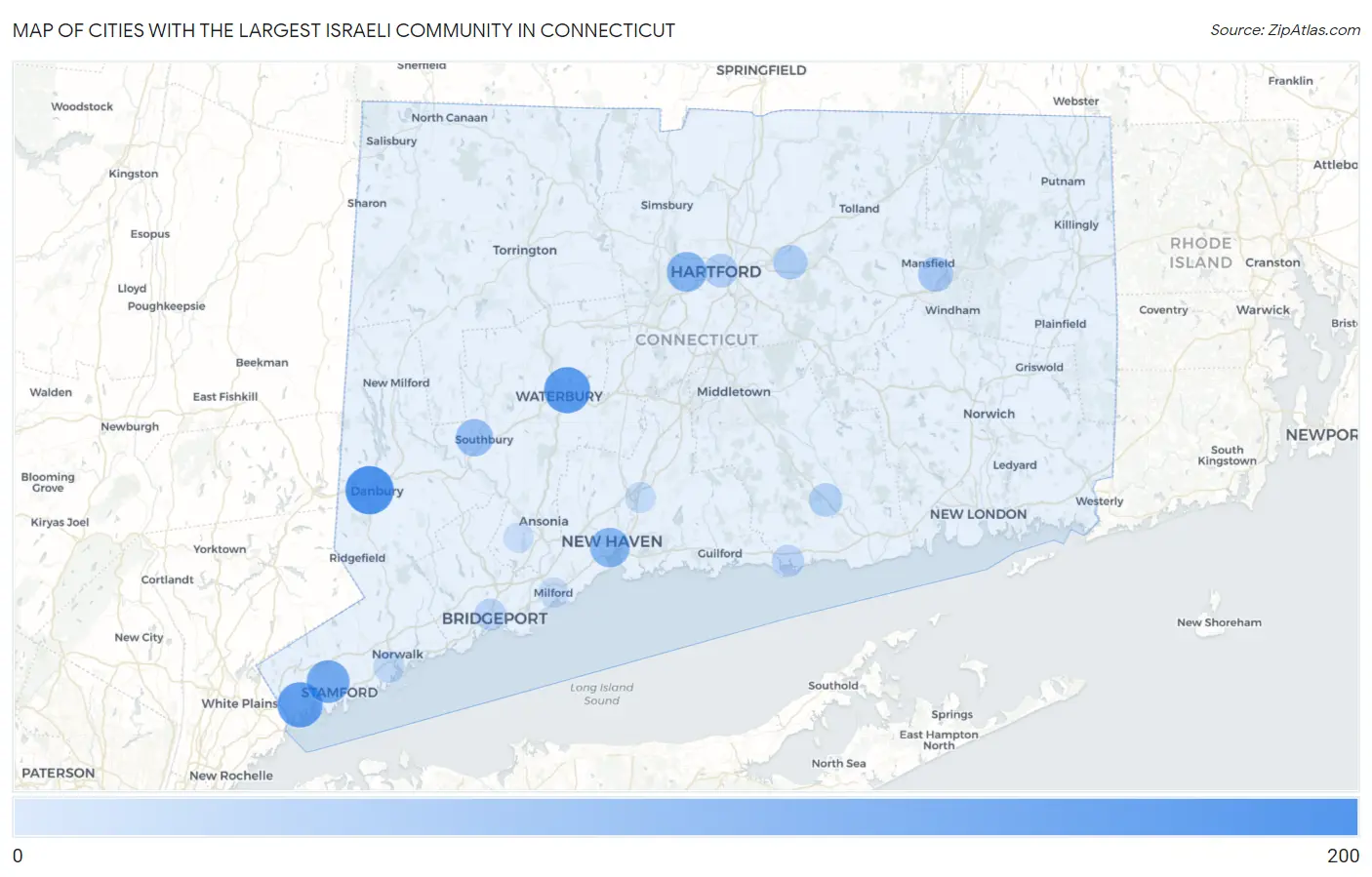 Cities with the Largest Israeli Community in Connecticut Map