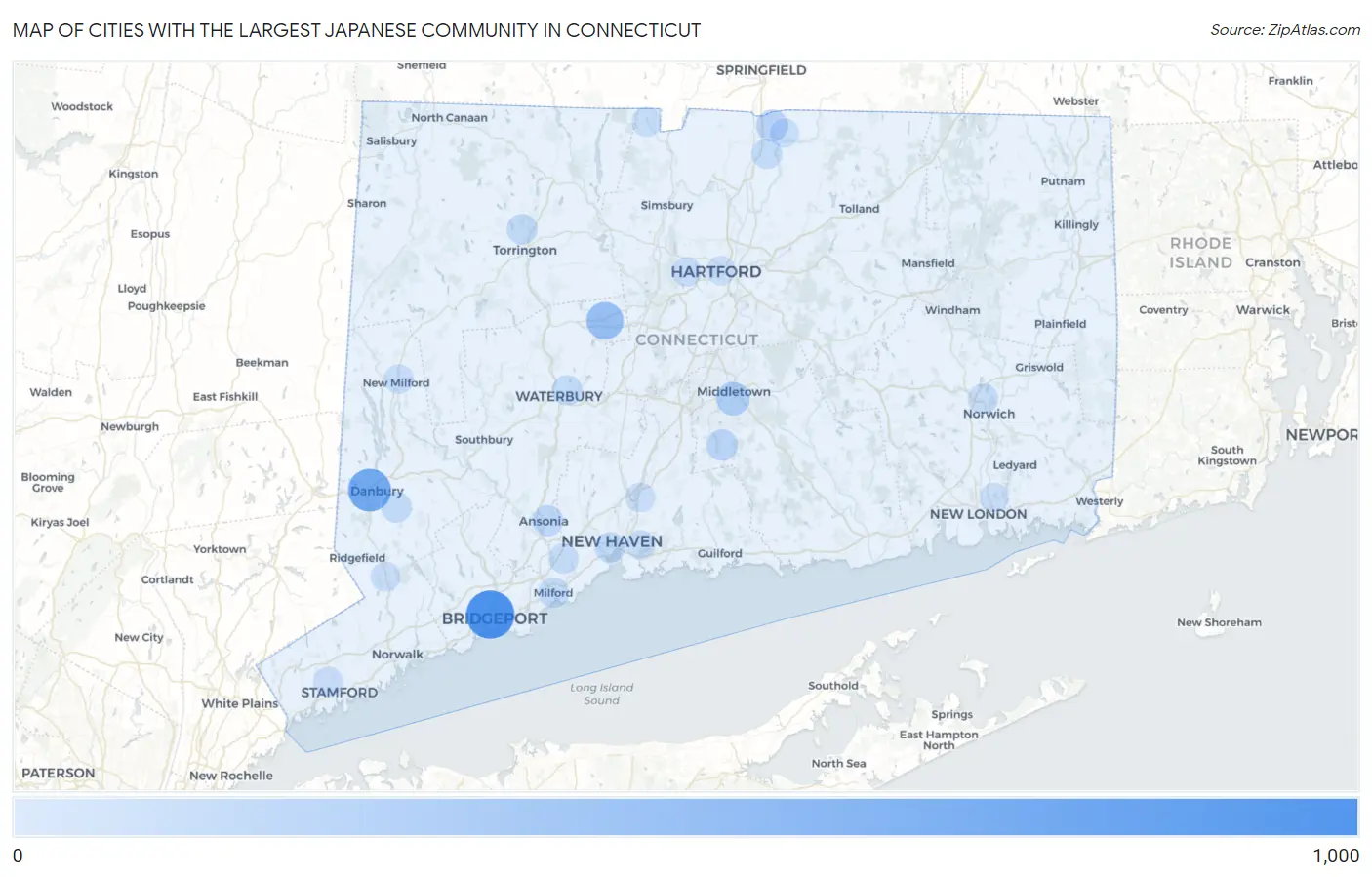 Cities with the Largest Japanese Community in Connecticut Map