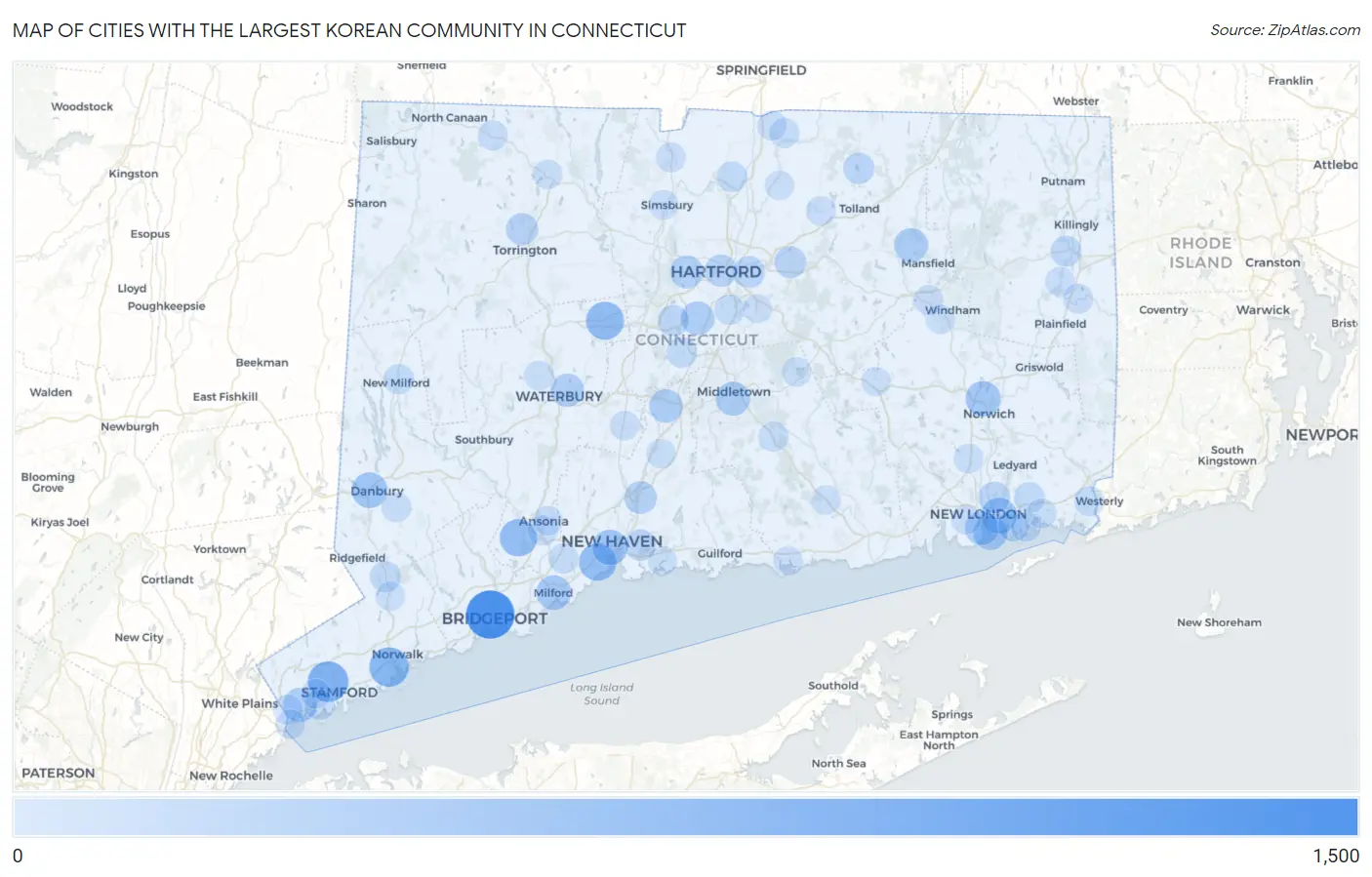 Cities with the Largest Korean Community in Connecticut Map