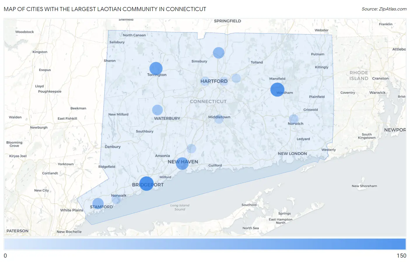 Cities with the Largest Laotian Community in Connecticut Map