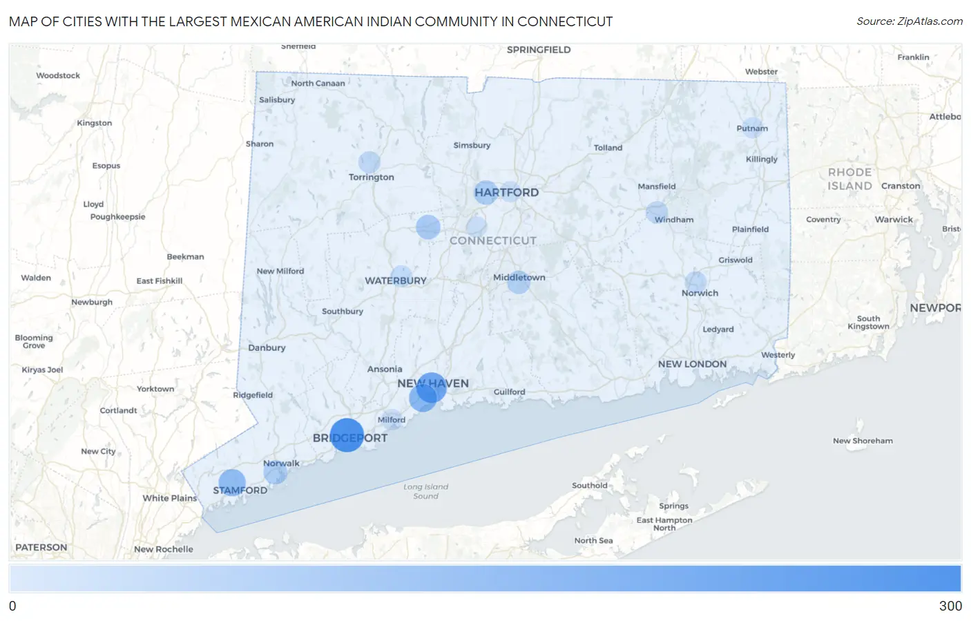 Cities with the Largest Mexican American Indian Community in Connecticut Map