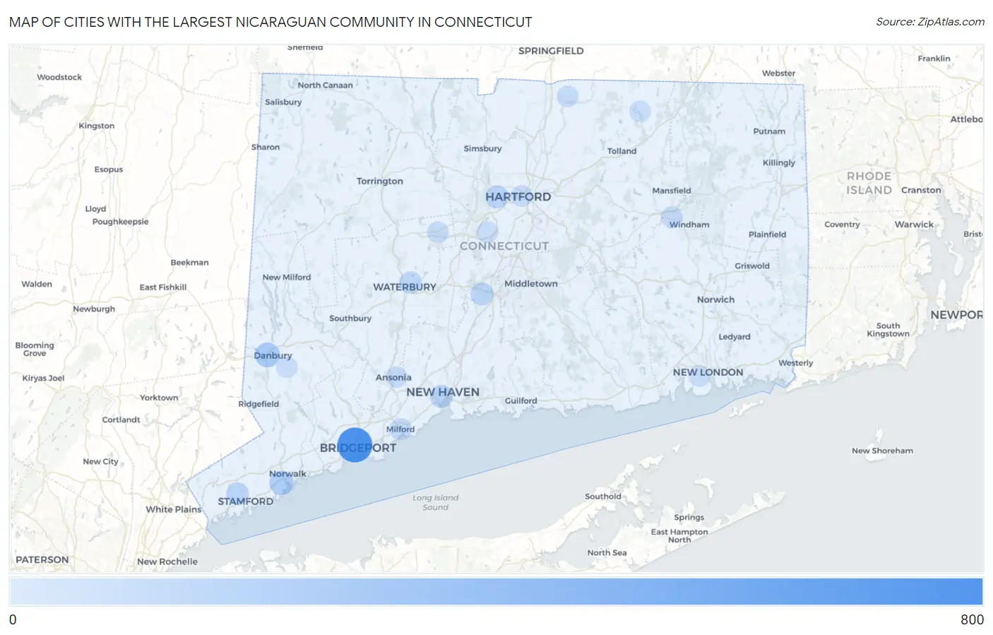 Cities with the Largest Nicaraguan Community in Connecticut Map
