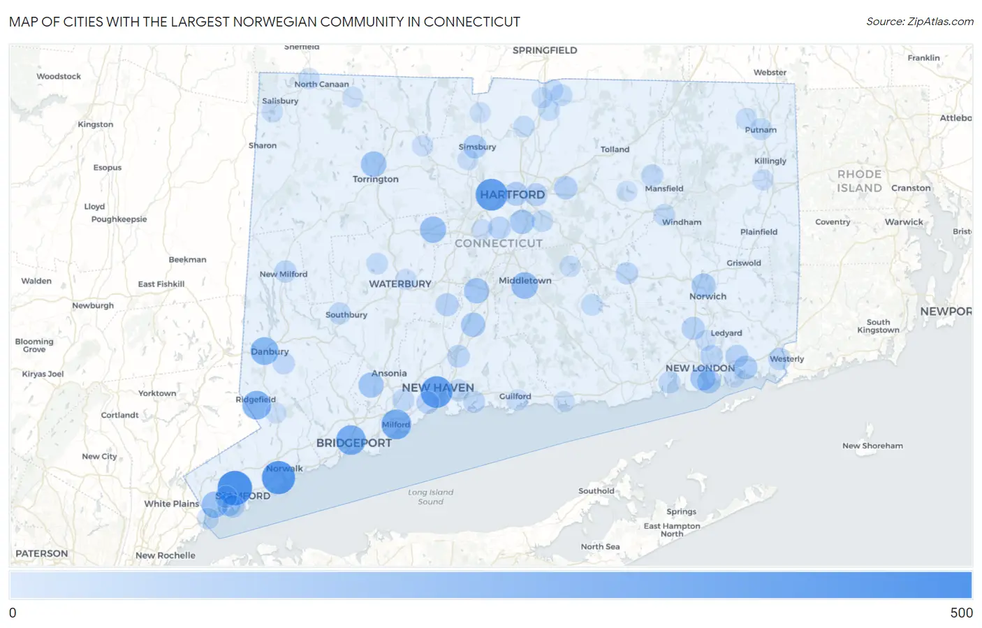 Cities with the Largest Norwegian Community in Connecticut Map