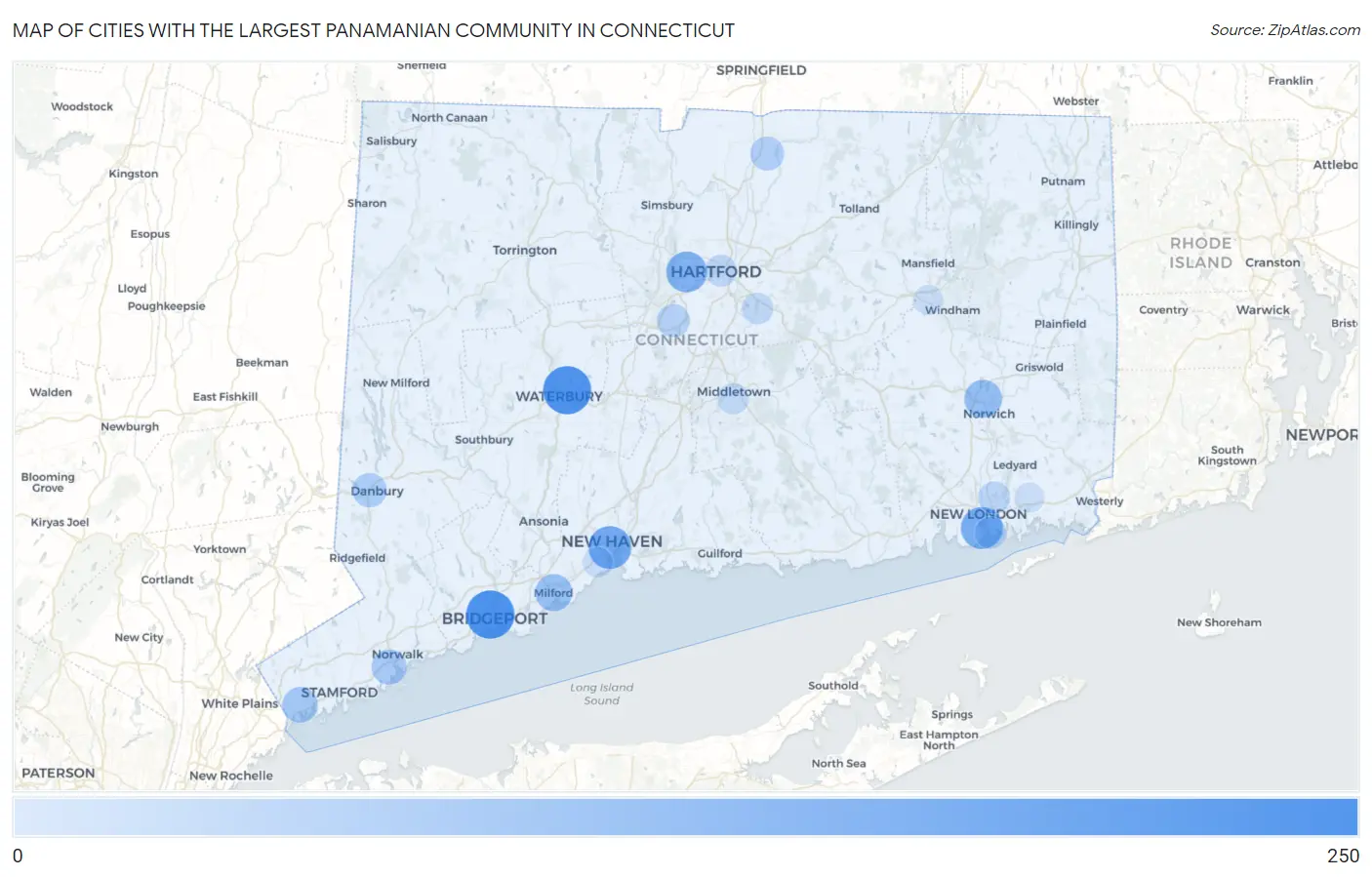Cities with the Largest Panamanian Community in Connecticut Map