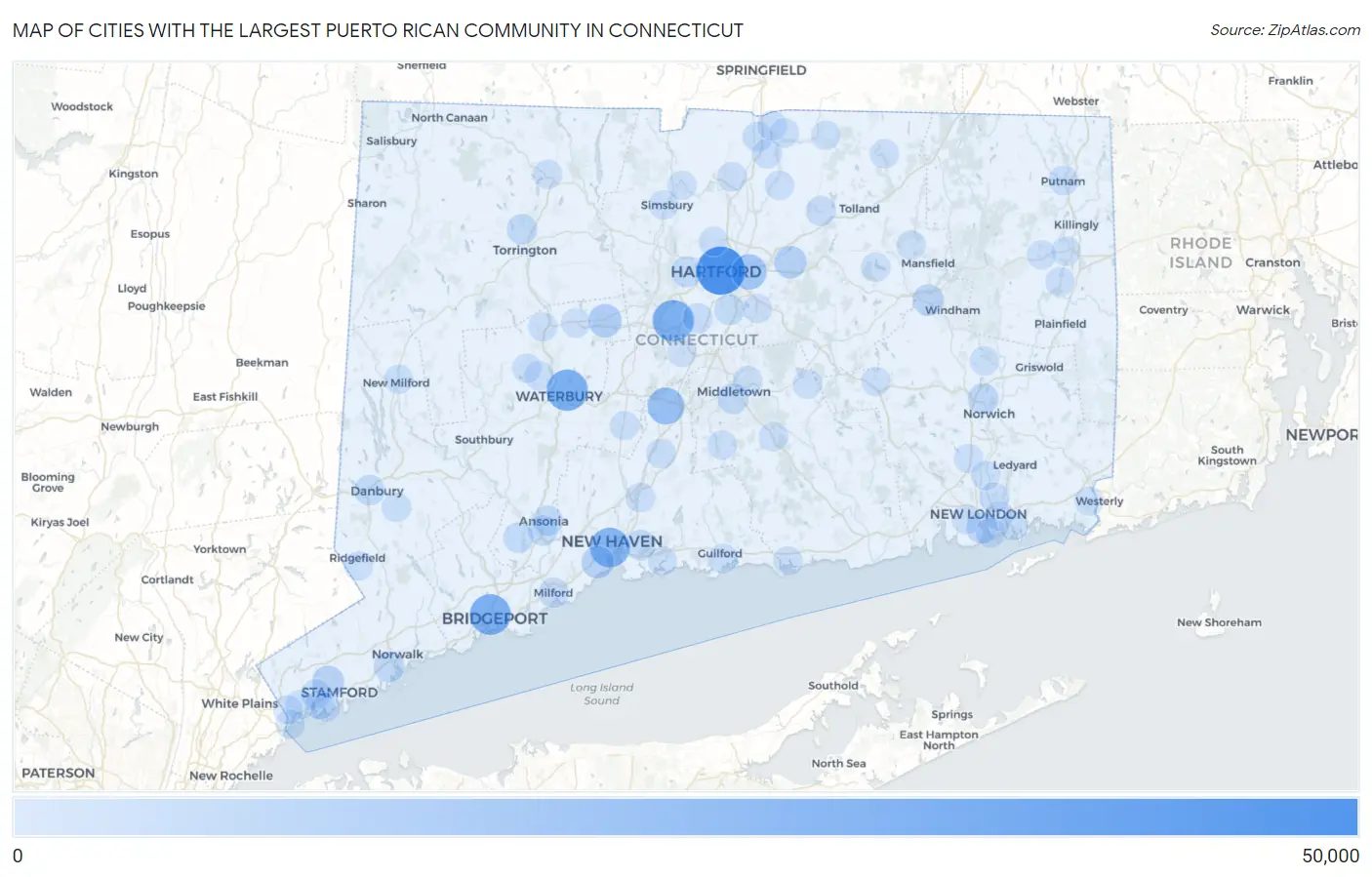Cities with the Largest Puerto Rican Community in Connecticut Map