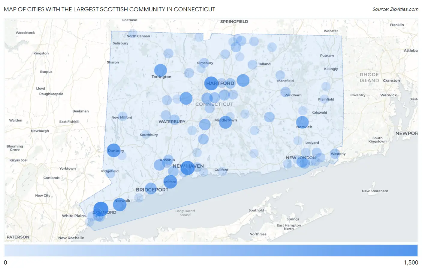 Cities with the Largest Scottish Community in Connecticut Map