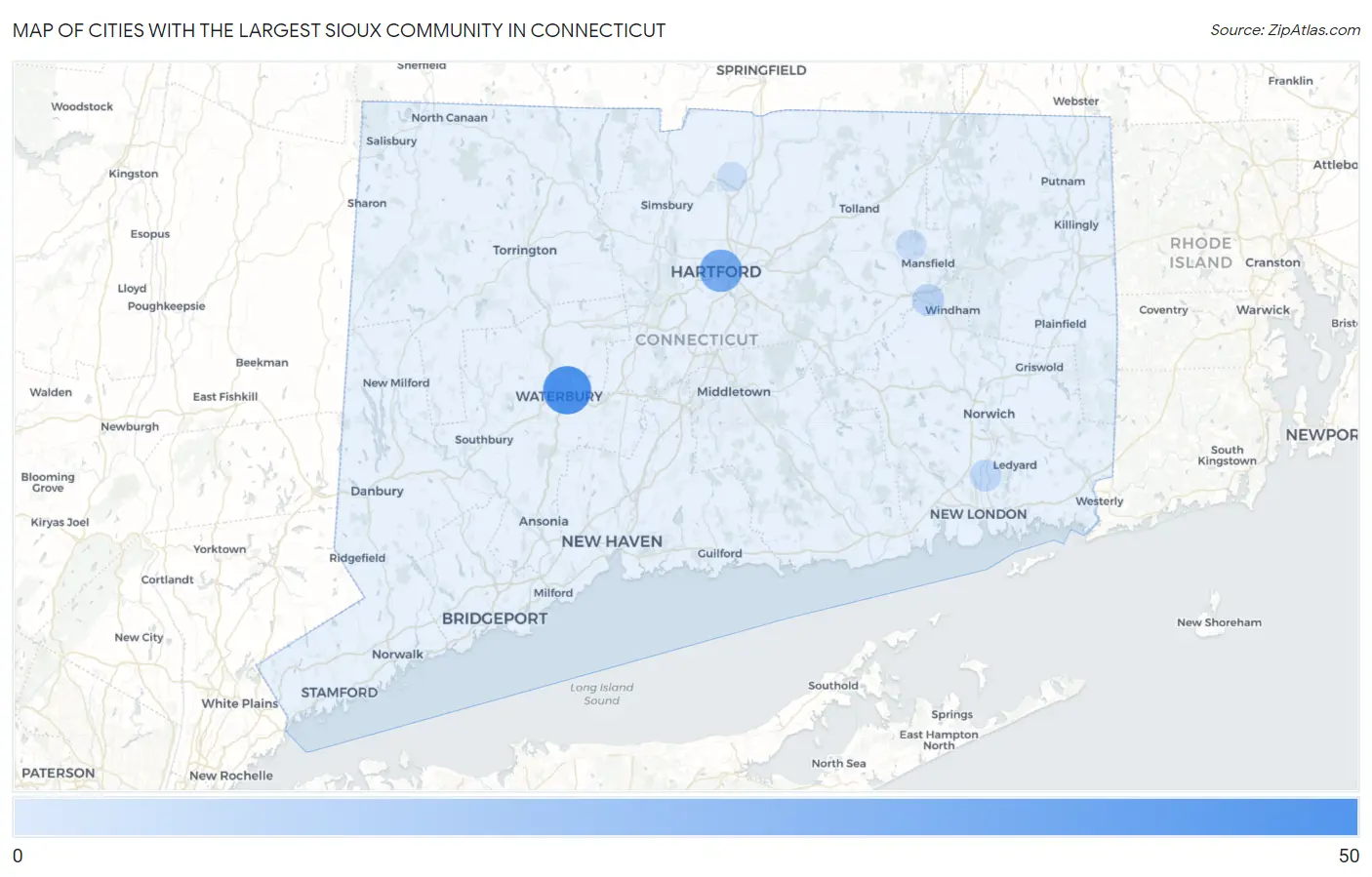 Cities with the Largest Sioux Community in Connecticut Map