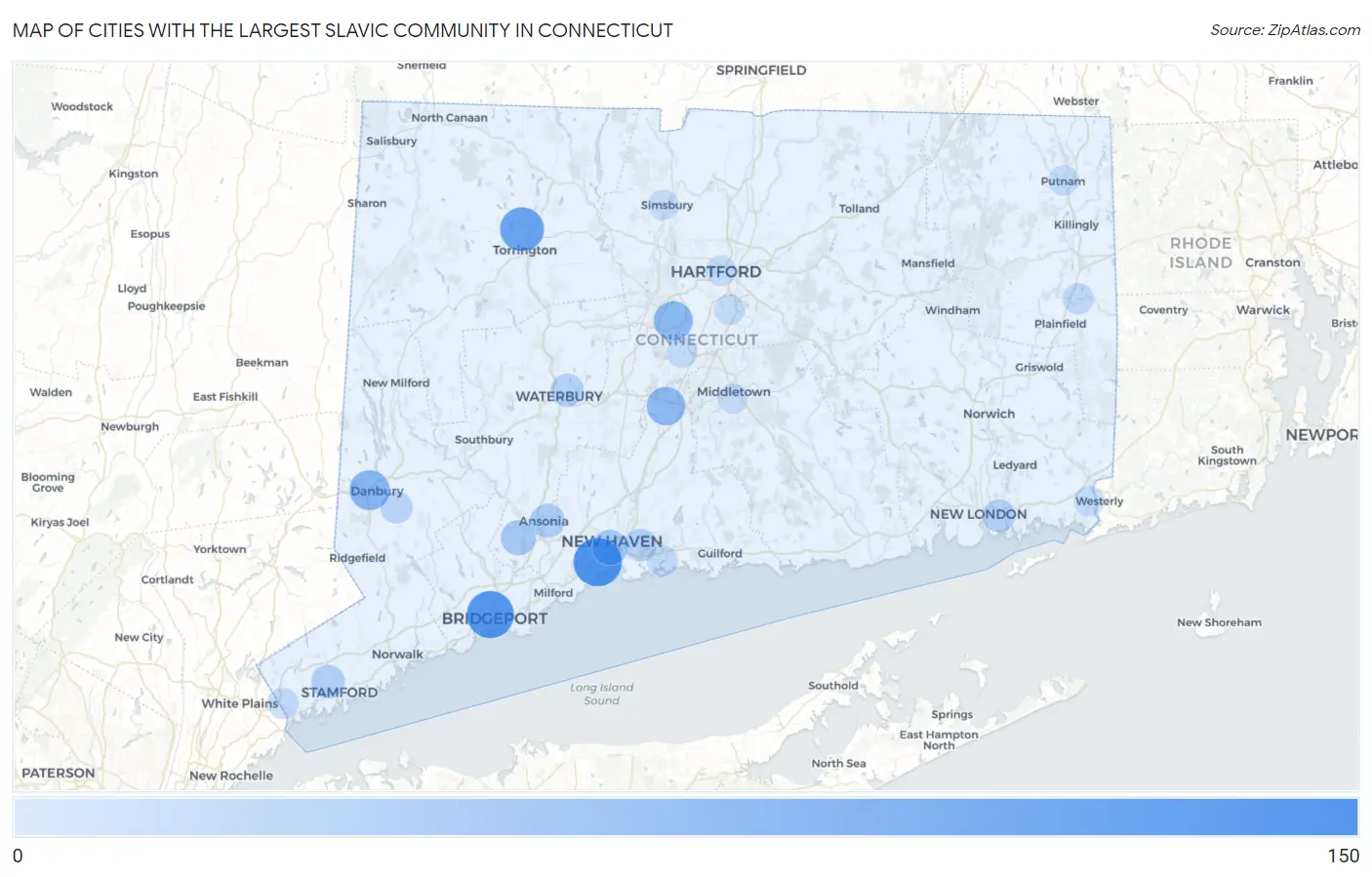 Cities with the Largest Slavic Community in Connecticut Map