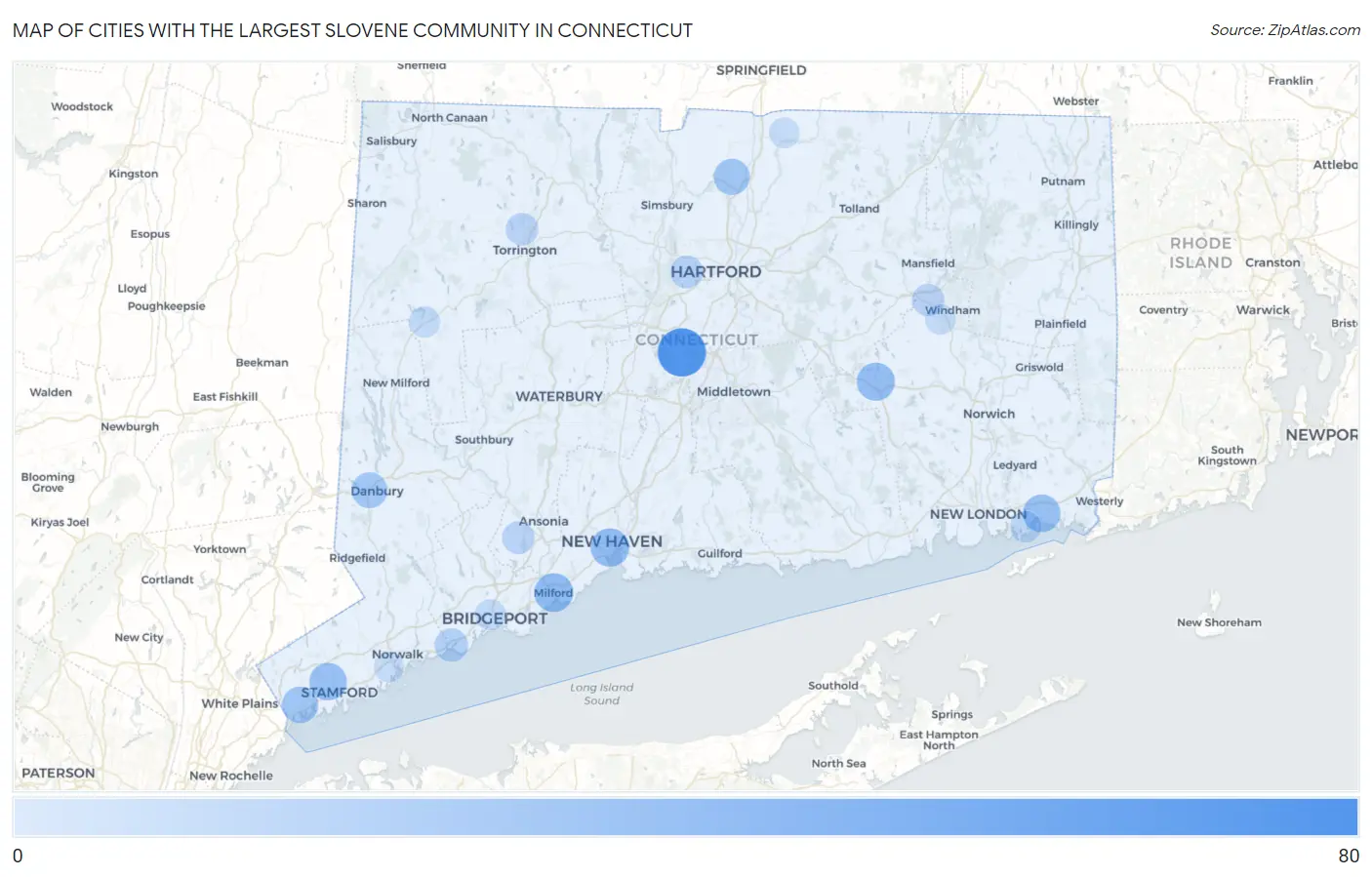 Cities with the Largest Slovene Community in Connecticut Map