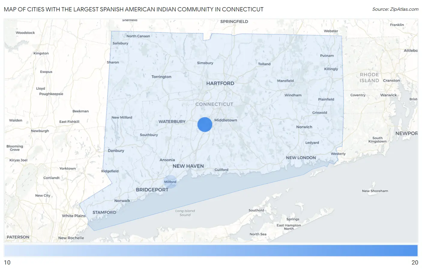 Cities with the Largest Spanish American Indian Community in Connecticut Map