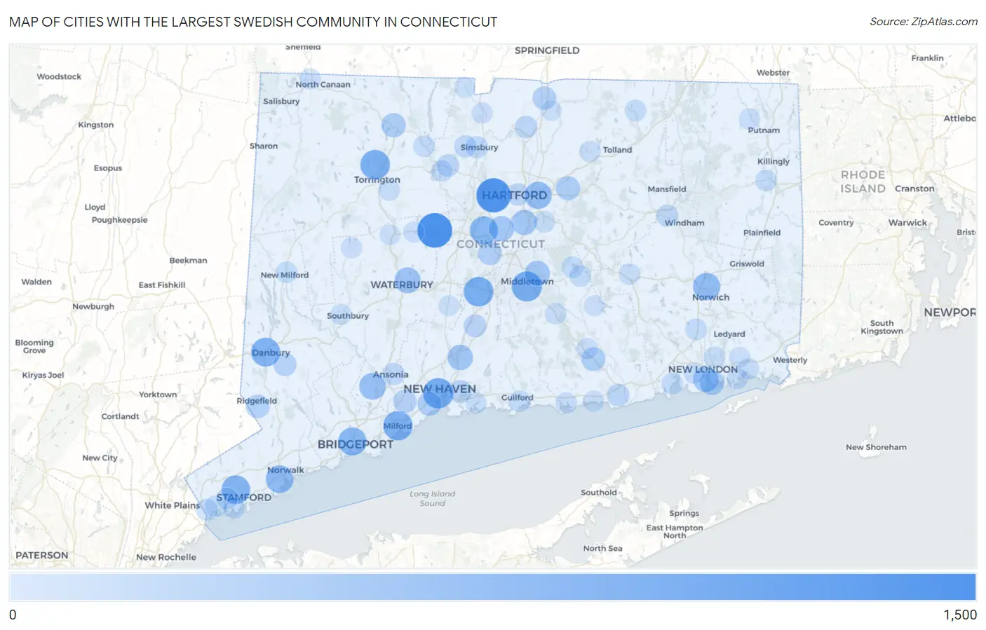 Cities with the Largest Swedish Community in Connecticut Map