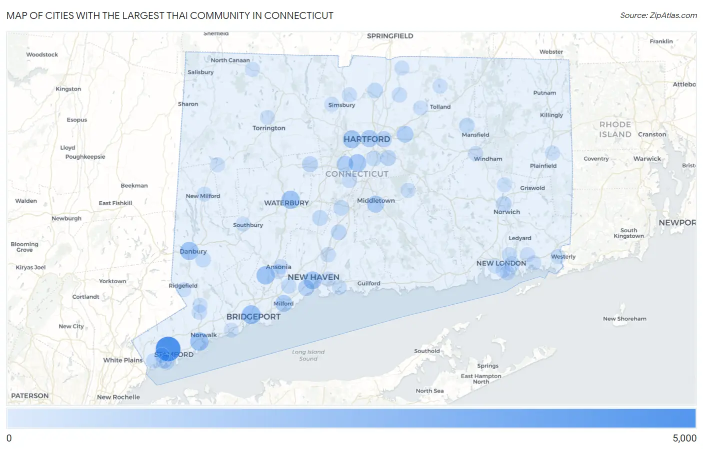 Cities with the Largest Thai Community in Connecticut Map