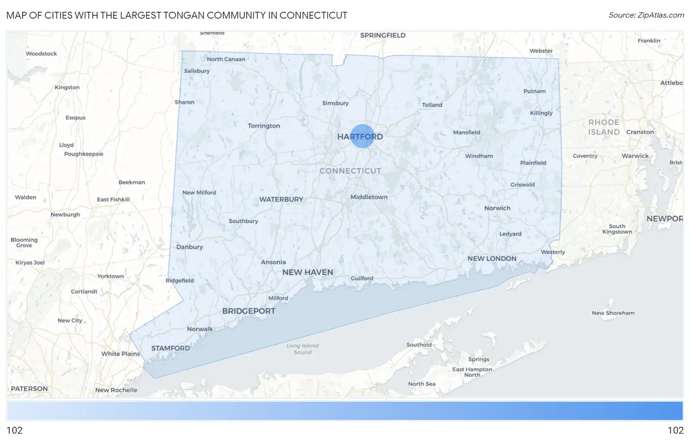Cities with the Largest Tongan Community in Connecticut Map