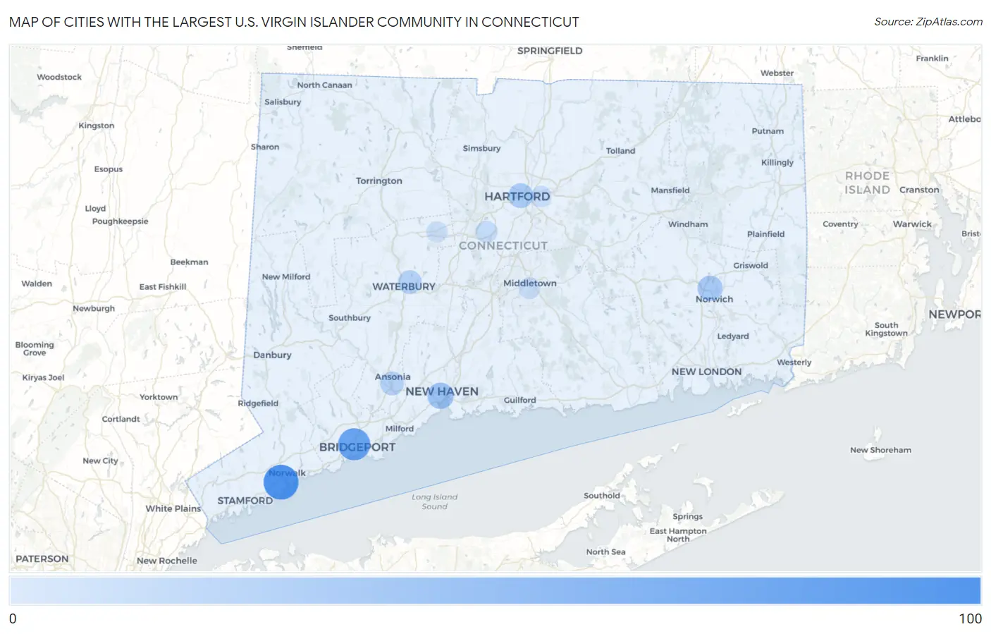 Cities with the Largest U.S. Virgin Islander Community in Connecticut Map