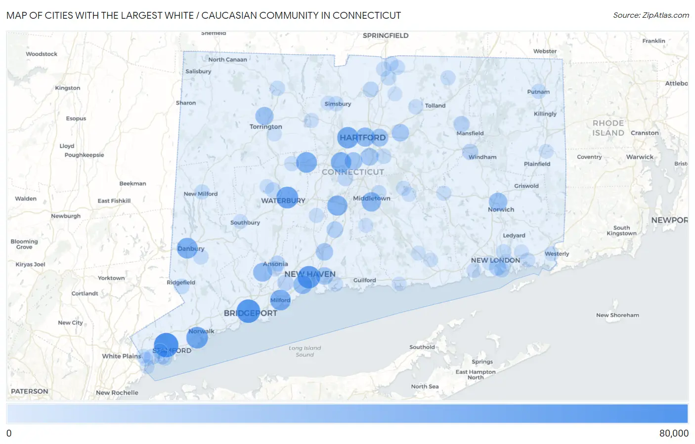 Cities with the Largest White / Caucasian Community in Connecticut Map