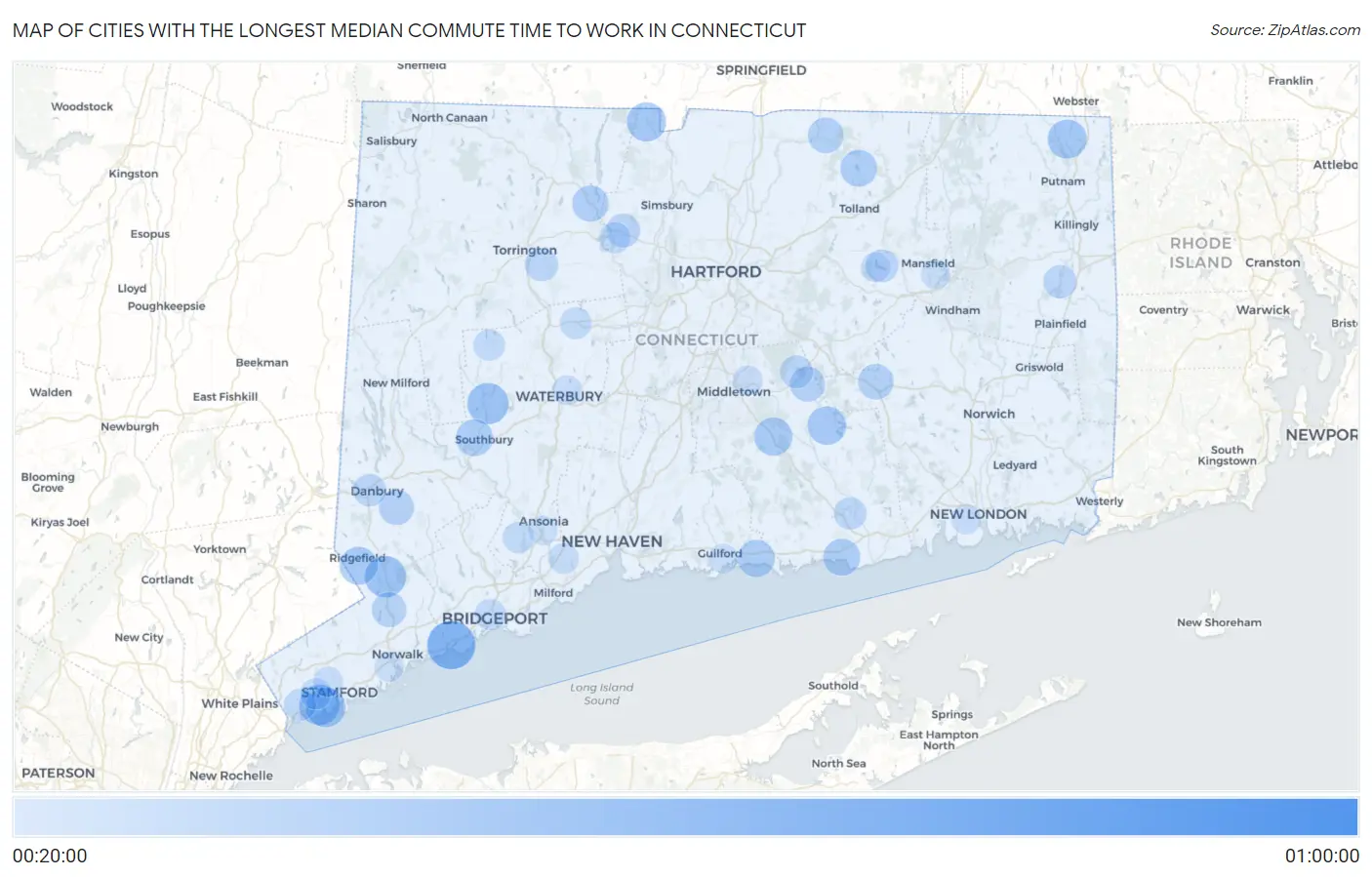 Cities with the Longest Median Commute Time to Work in Connecticut Map