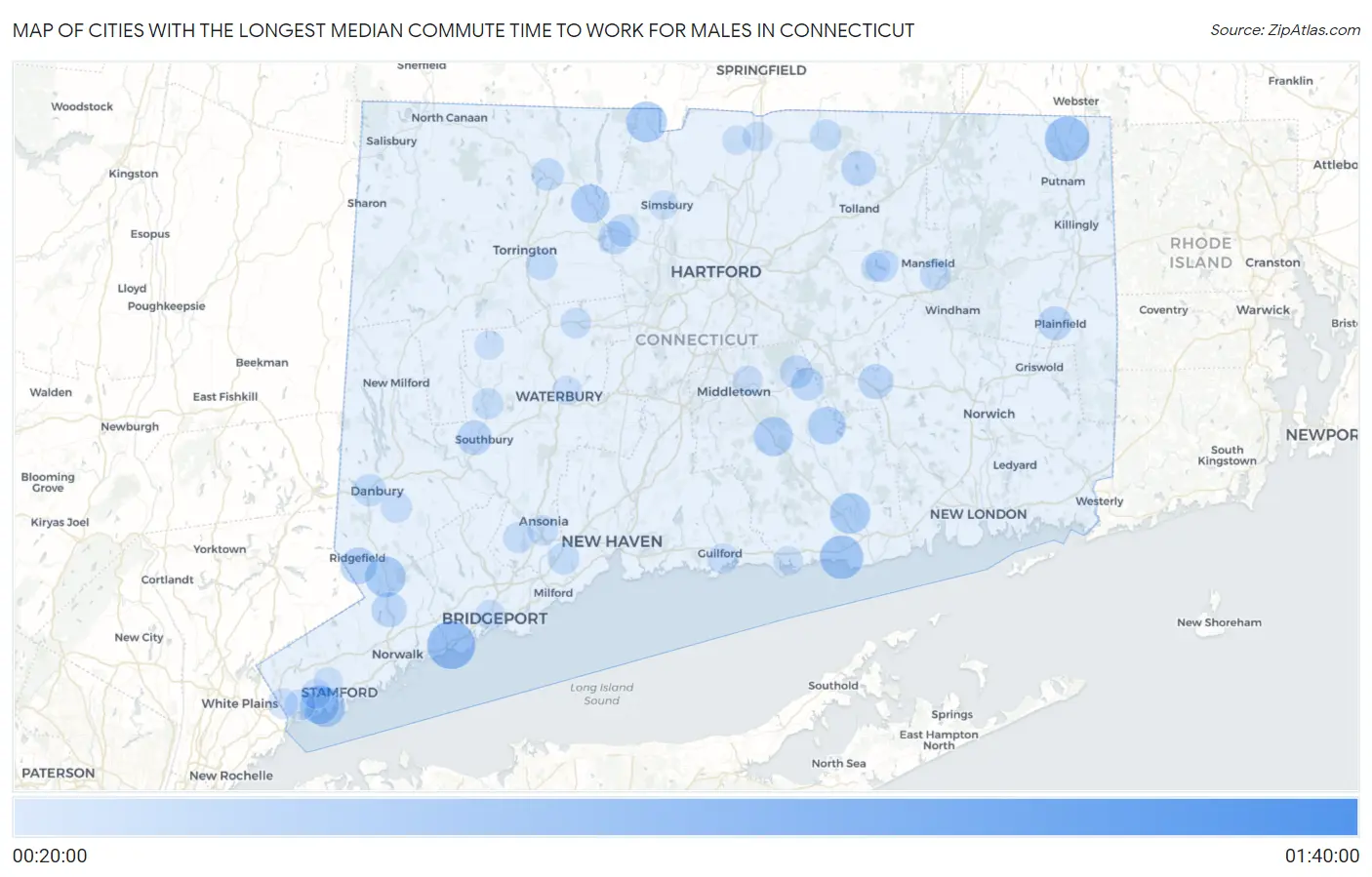 Cities with the Longest Median Commute Time to Work for Males in Connecticut Map