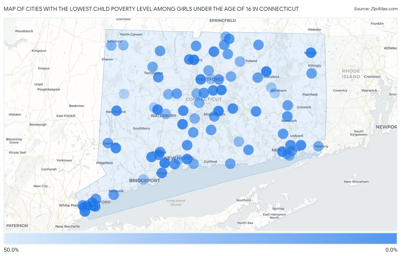 Cities with the Lowest Child Poverty Level Among Girls Under the Age of 16 in Connecticut Map