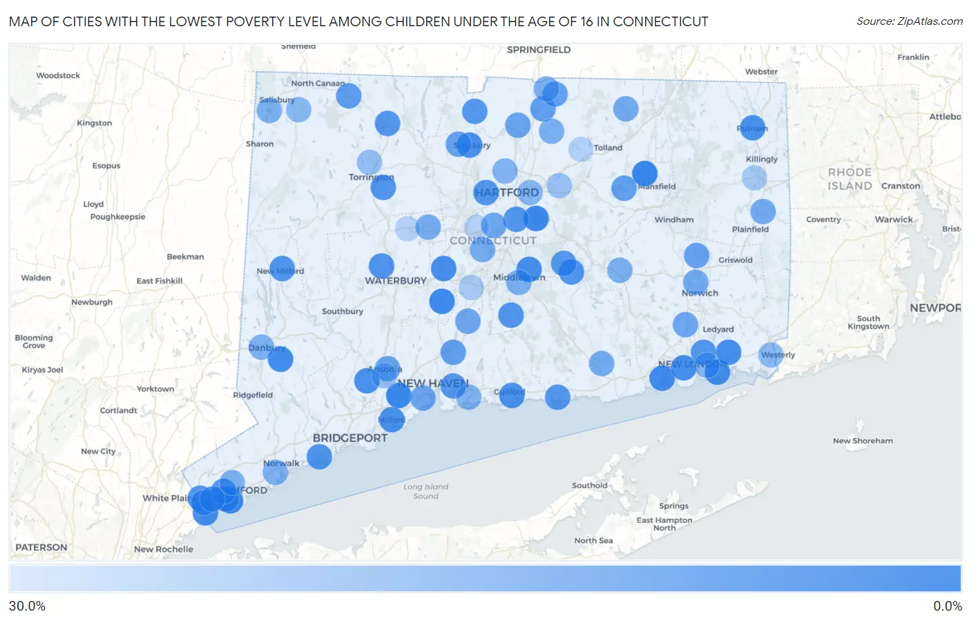 Cities with the Lowest Poverty Level Among Children Under the Age of 16 in Connecticut Map